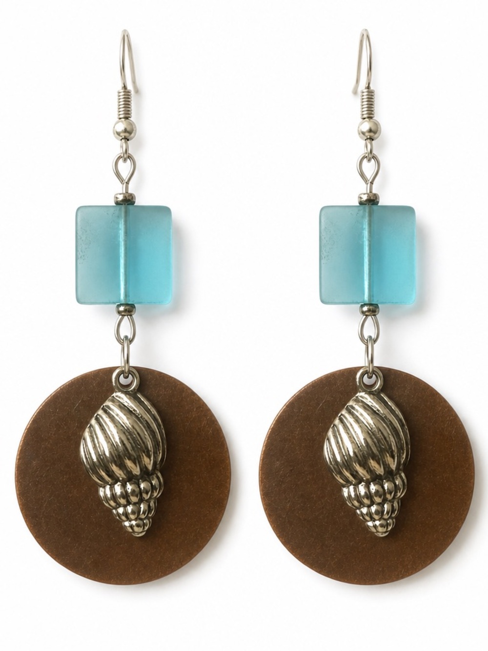 Sea Glass and Sea Shell with Bronze Disc Background Earrings